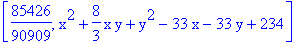 [85426/90909, x^2+8/3*x*y+y^2-33*x-33*y+234]